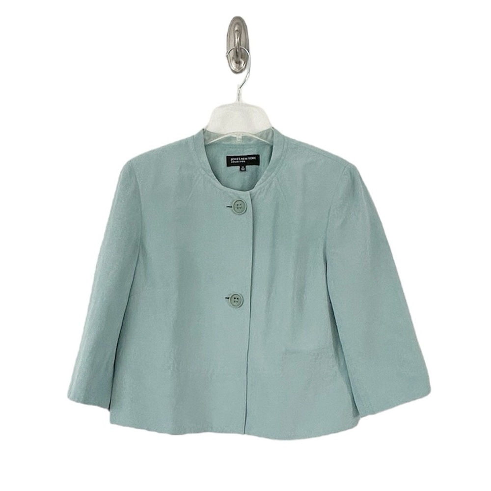 Jones New York Women’s Aqua Silk & Linen Crop Collarless Blazer Size 12